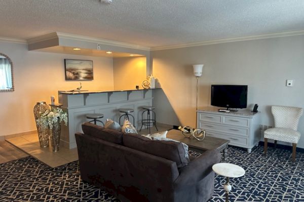 A cozy living room with a couch, bar area, and TV on a cabinet. Decorative items and chairs are arranged neatly in a well-lit space.