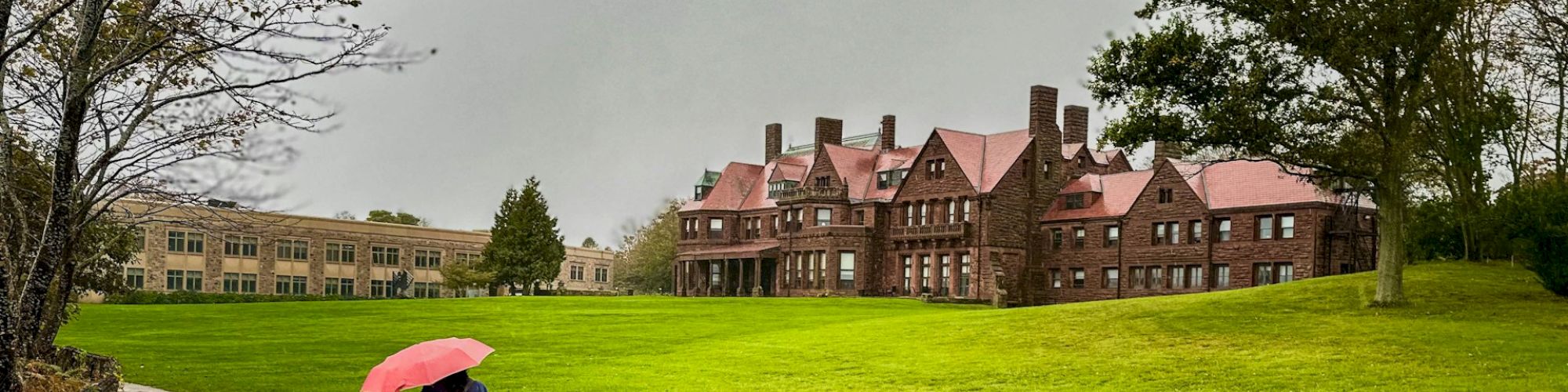 A person with a pink umbrella walks along a wet path towards a large building on a cloudy day.