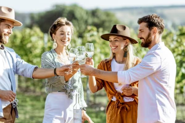 Four people toasting with wine glasses at a vineyard, enjoying a sunny day outdoors around a wooden table.