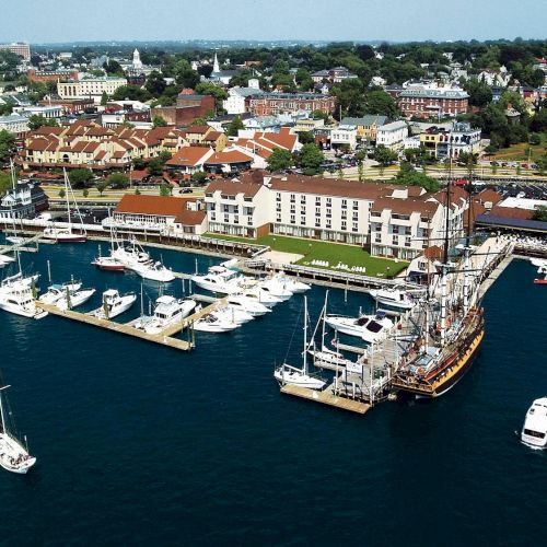 A picturesque marina with several boats docked, surrounded by a vibrant town and lush greenery under a clear blue sky.