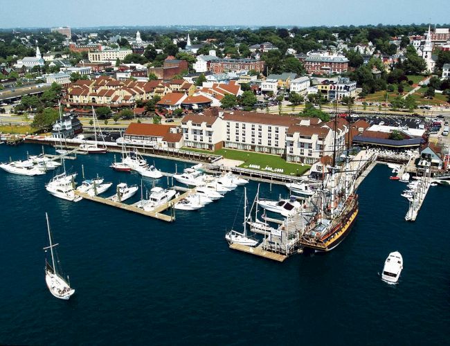 A picturesque marina with several boats docked, surrounded by a vibrant town and lush greenery under a clear blue sky.