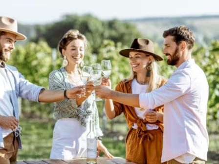 Four people clinking glasses outdoors near a vineyard, enjoying a wine tasting experience, with a bottle on the table in front.