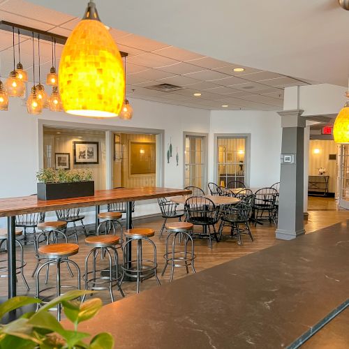 A cozy café interior with pendant lights, bar stools, tables, and plants, creating a warm and inviting atmosphere.