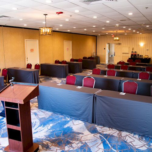 The image shows a conference room with rows of tables and red chairs, a podium, and carpeting with a blue and white pattern.