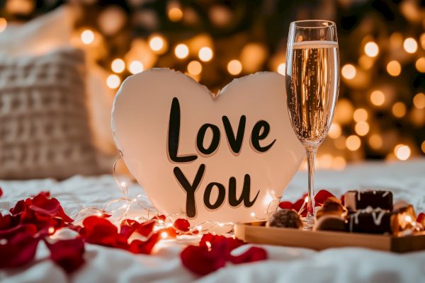 A cozy setup with a "Love You" heart, champagne, chocolates, rose petals, and warm string lights, creating a romantic atmosphere.