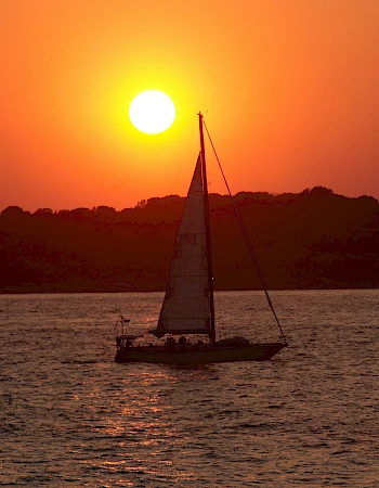 A sailboat glides on the water with a vivid orange sunset in the background, creating a serene and picturesque scene.