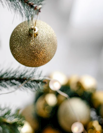 A gold ornament hangs on a Christmas tree branch, with a blurry background of more ornaments and greenery.