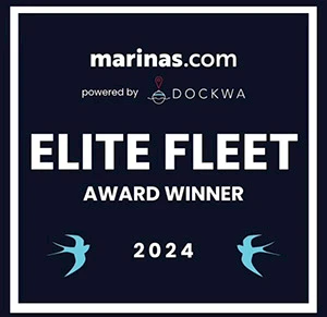 Elite Fleet Award Winner 2024 badge by marinas.com, powered by DockWA, with teal birds and bold white text on navy background.
